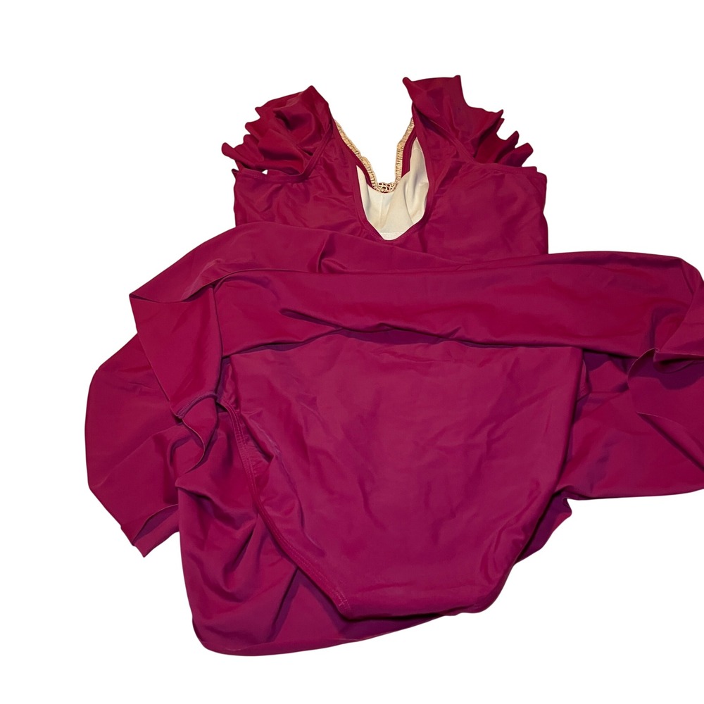 Women's XL Burgundy Ruffle Sleeve Swim Dress with Crochet Lace Trim V-Neck - Picture 5 of 9